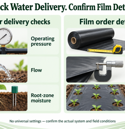 Checklist for operating pressure, flow, root-zone moisture and mulch-film order details.