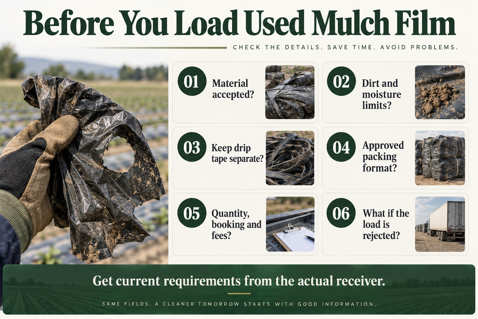 Used Mulch Film Recycling Acceptance Checklist Checklist for confirming accepted mulch film, contamination limits, separation, packing, fees and rejected-load arrangements