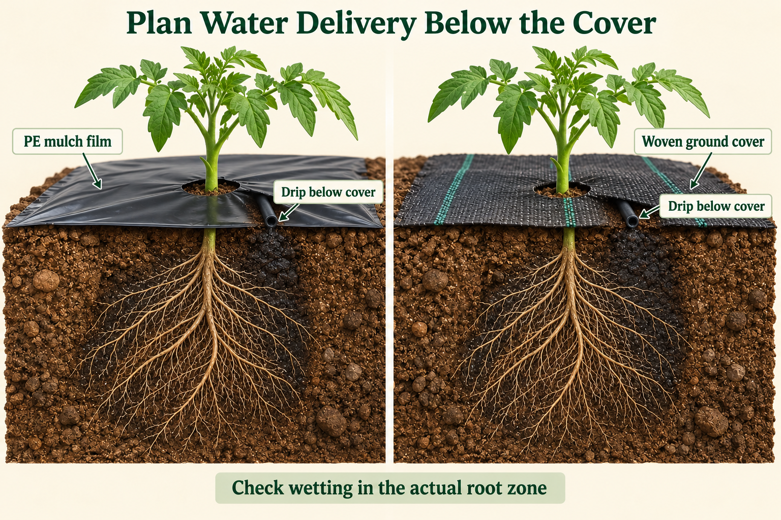 Cutaway illustration showing drip tubing below PE mulch film and woven ground cover, with moisture reaching plant roots.