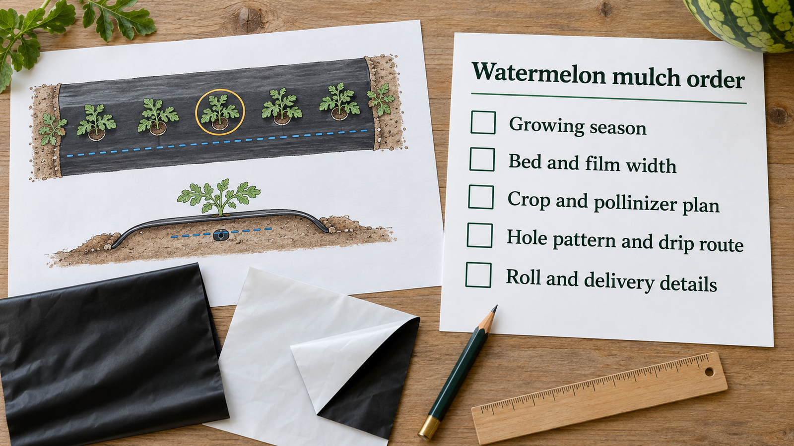 Watermelon planting-plan sketches, black and white-on-black film samples, and a checklist for a mulch film order.