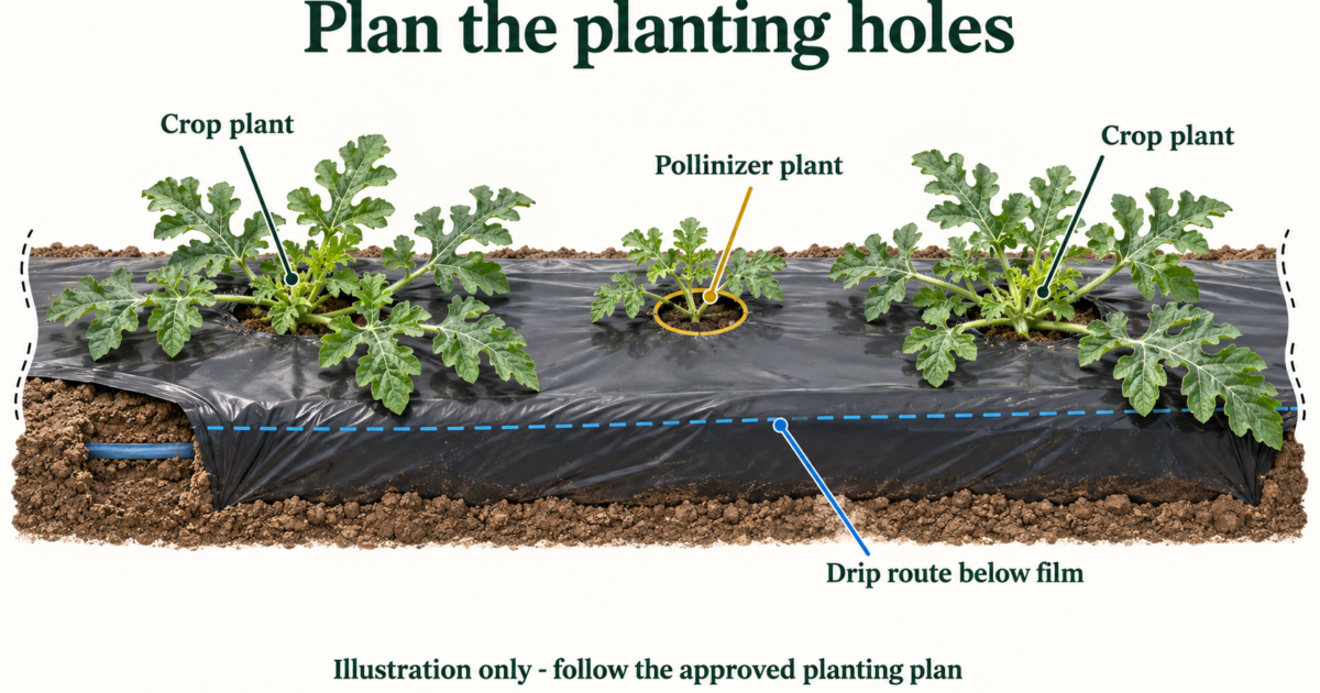 Cutaway illustration of watermelon crop and pollinizer plants, planting holes and a marked drip route below mulch film.