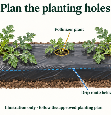Cutaway illustration of watermelon crop and pollinizer plants, planting holes and a marked drip route below mulch film.