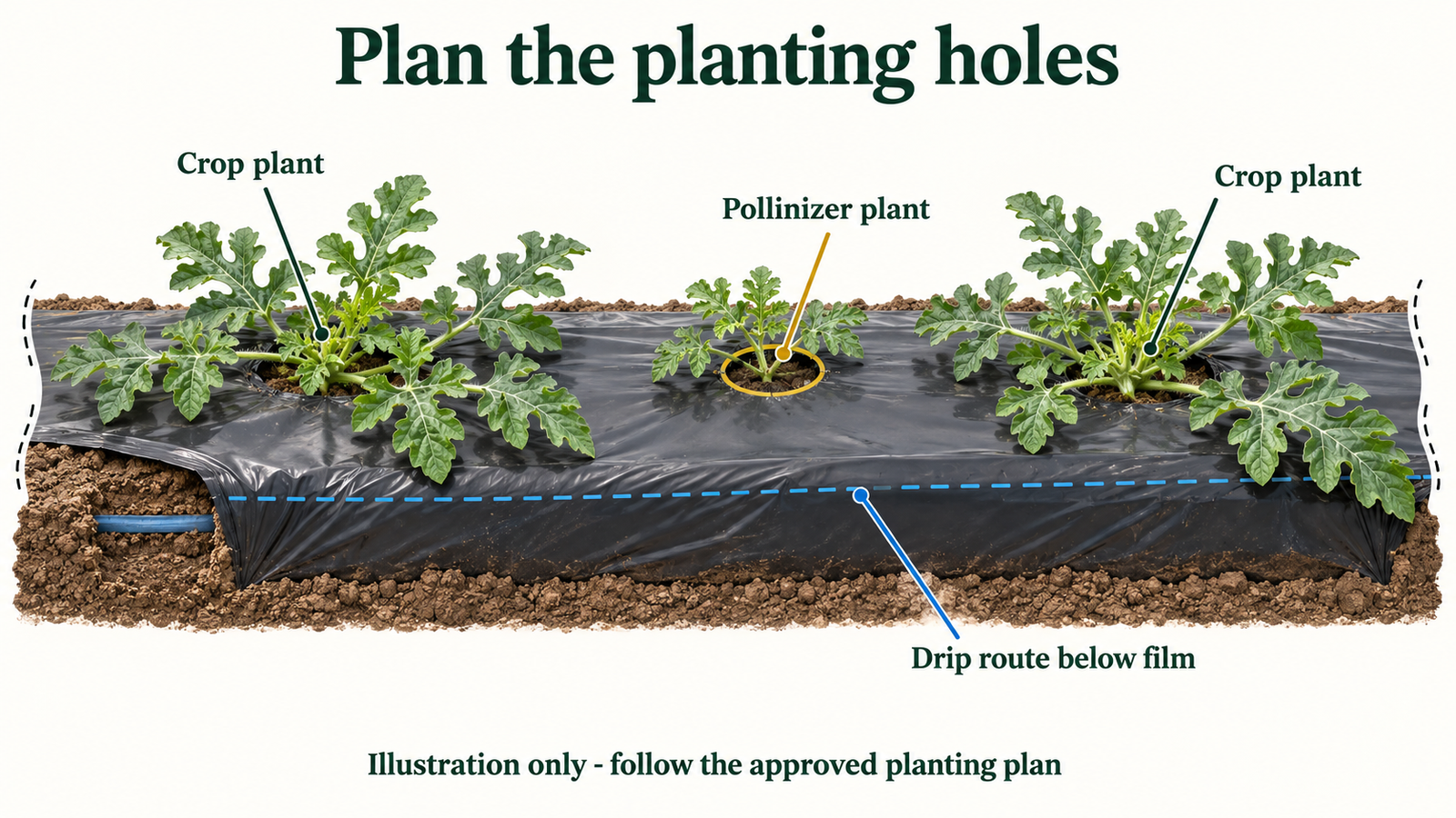 Cutaway illustration of watermelon crop and pollinizer plants, planting holes and a marked drip route below mulch film.